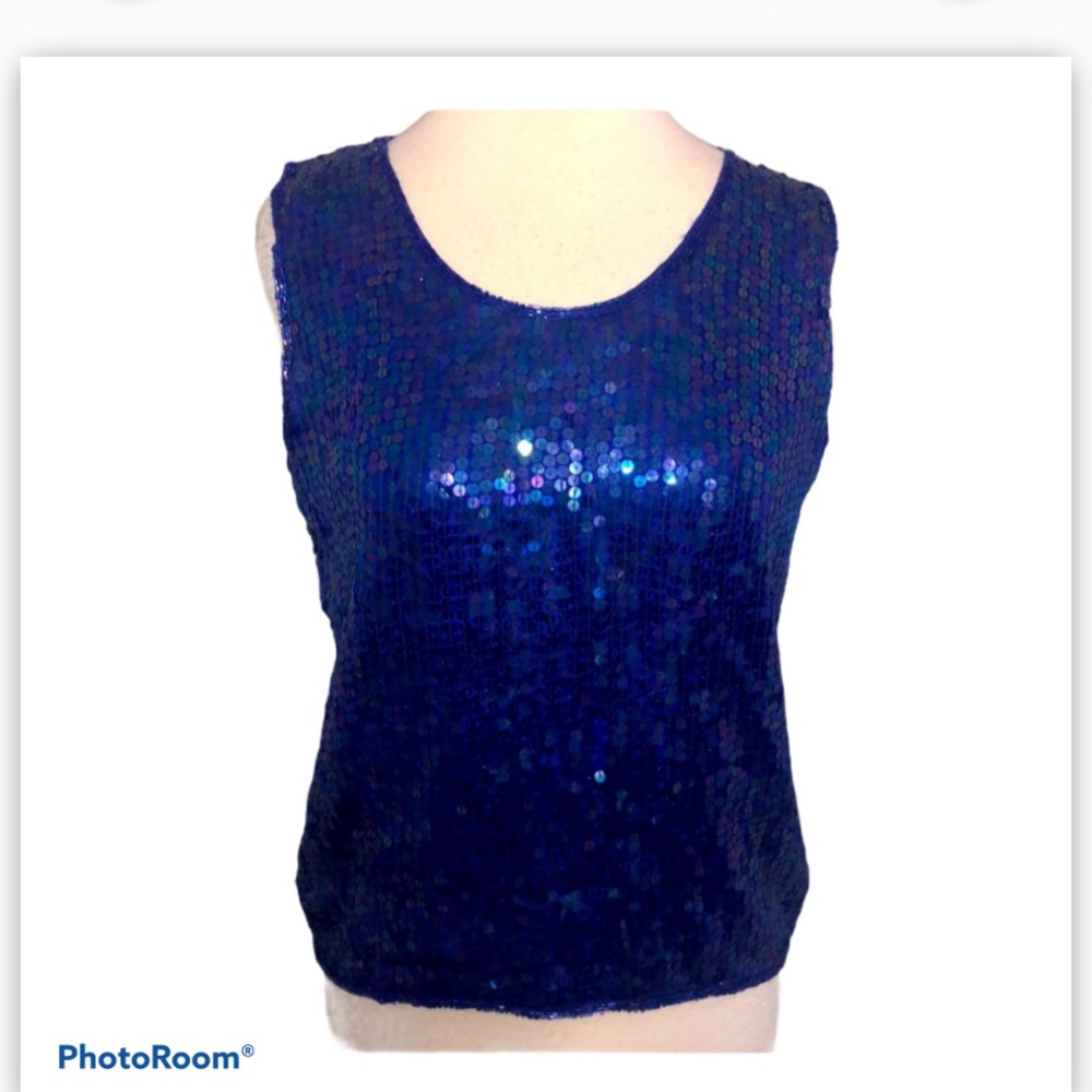 Chanson D Amour blue sequin pullover top, size S